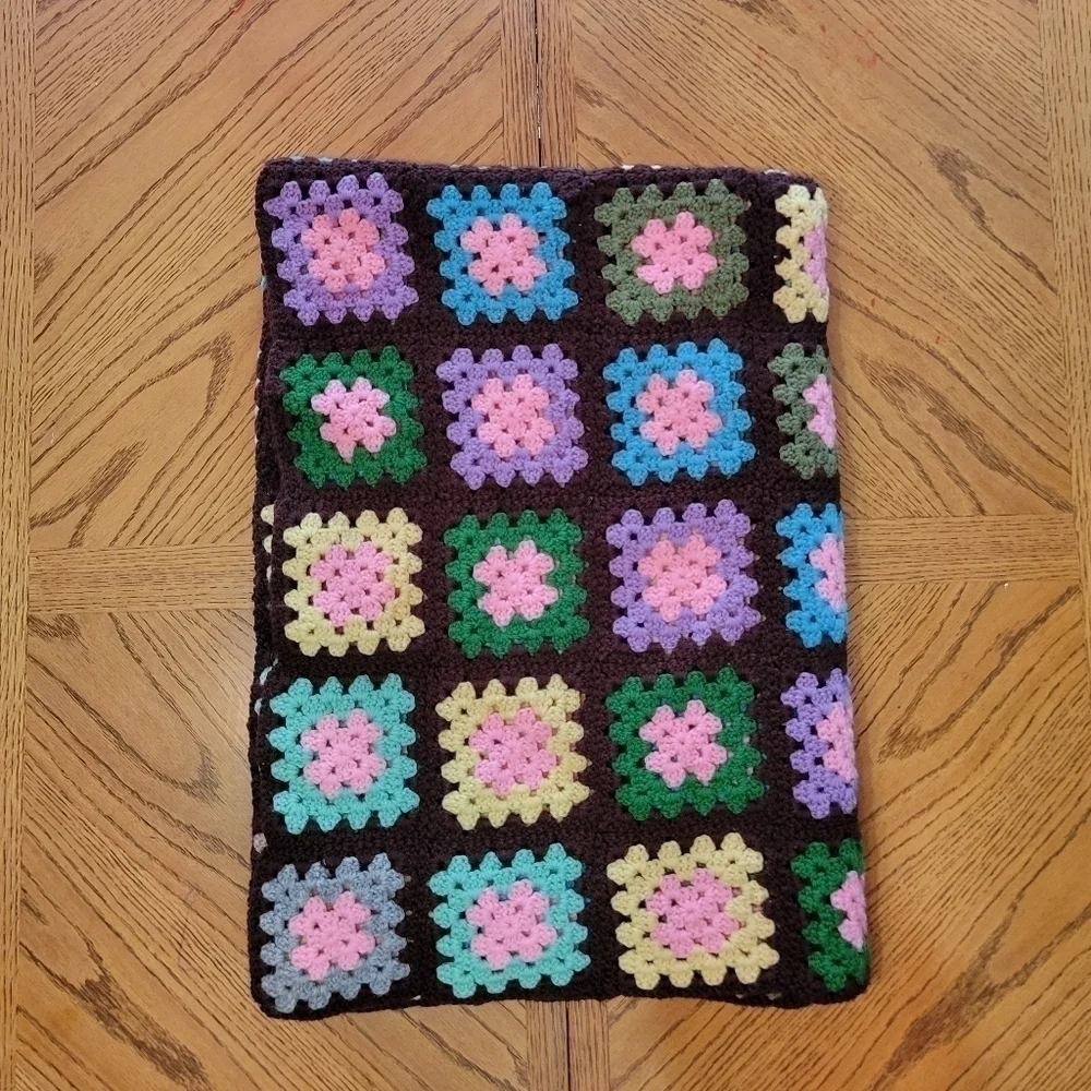 Handmade Multicolored Vintage Granny Square Knit Blanket